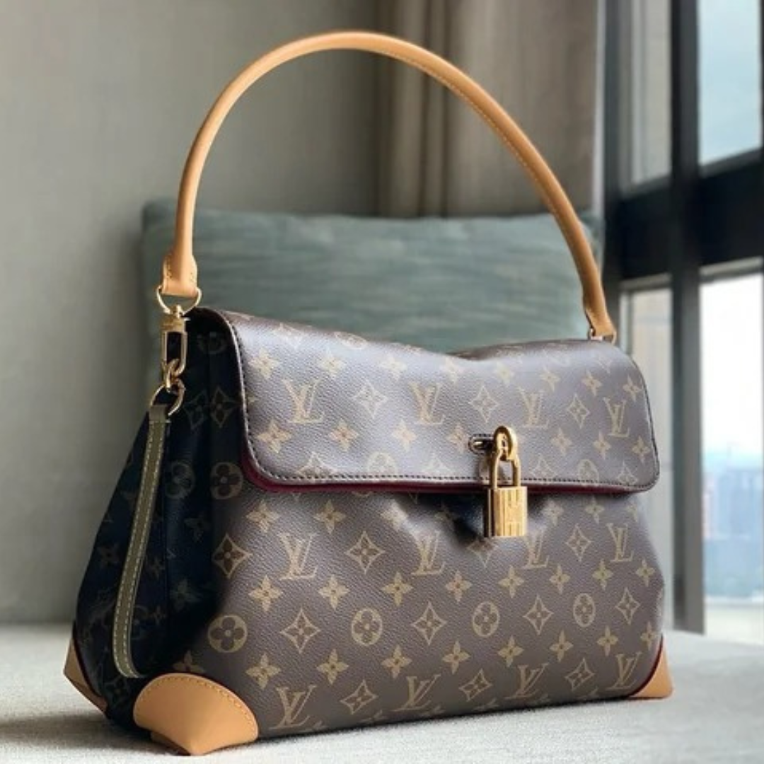 Shoulder Bag in Brown Printed Canvas with Gold Padlock, image 9
