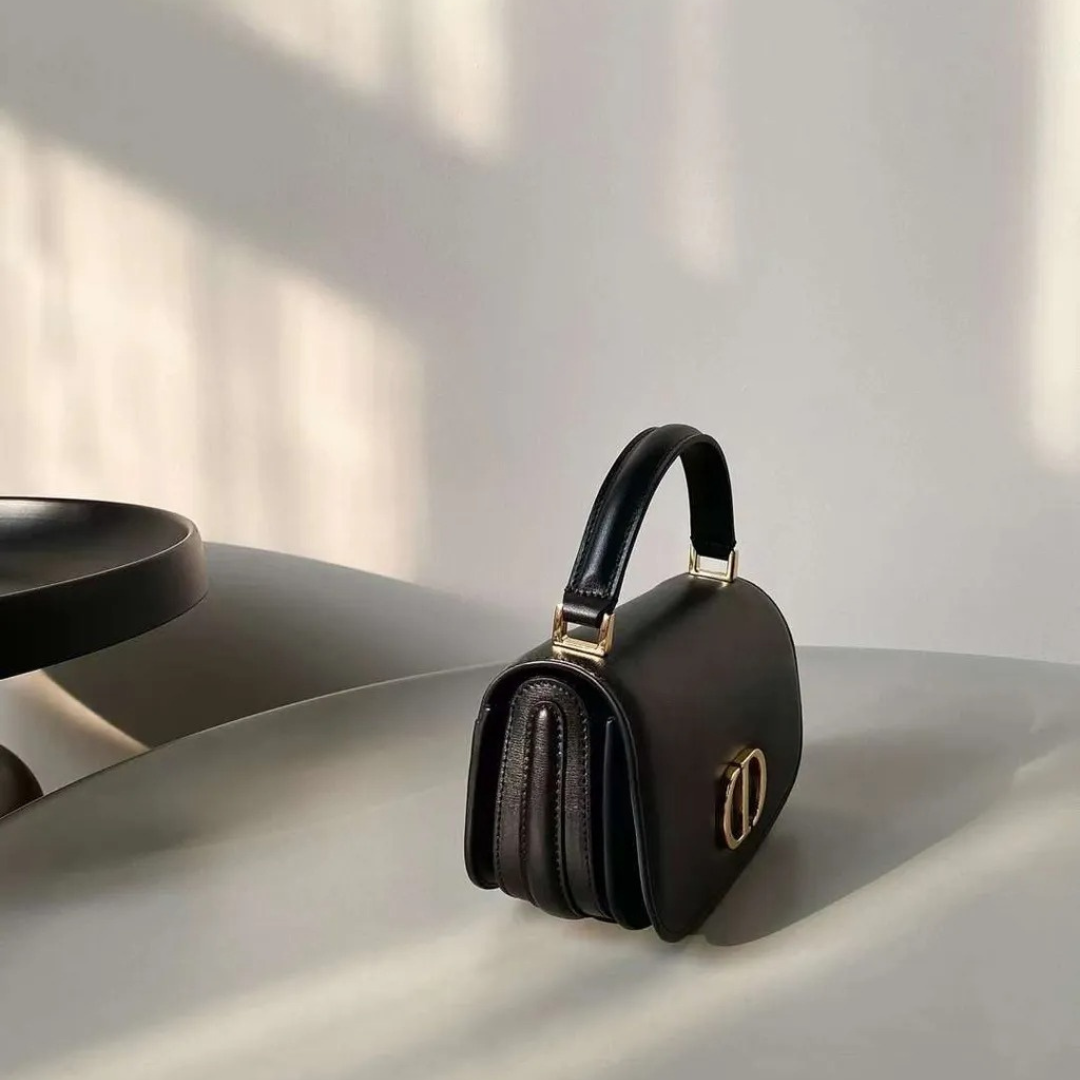 Top Handle Bag in Black Smooth Leather with Buckle Strap, image 8