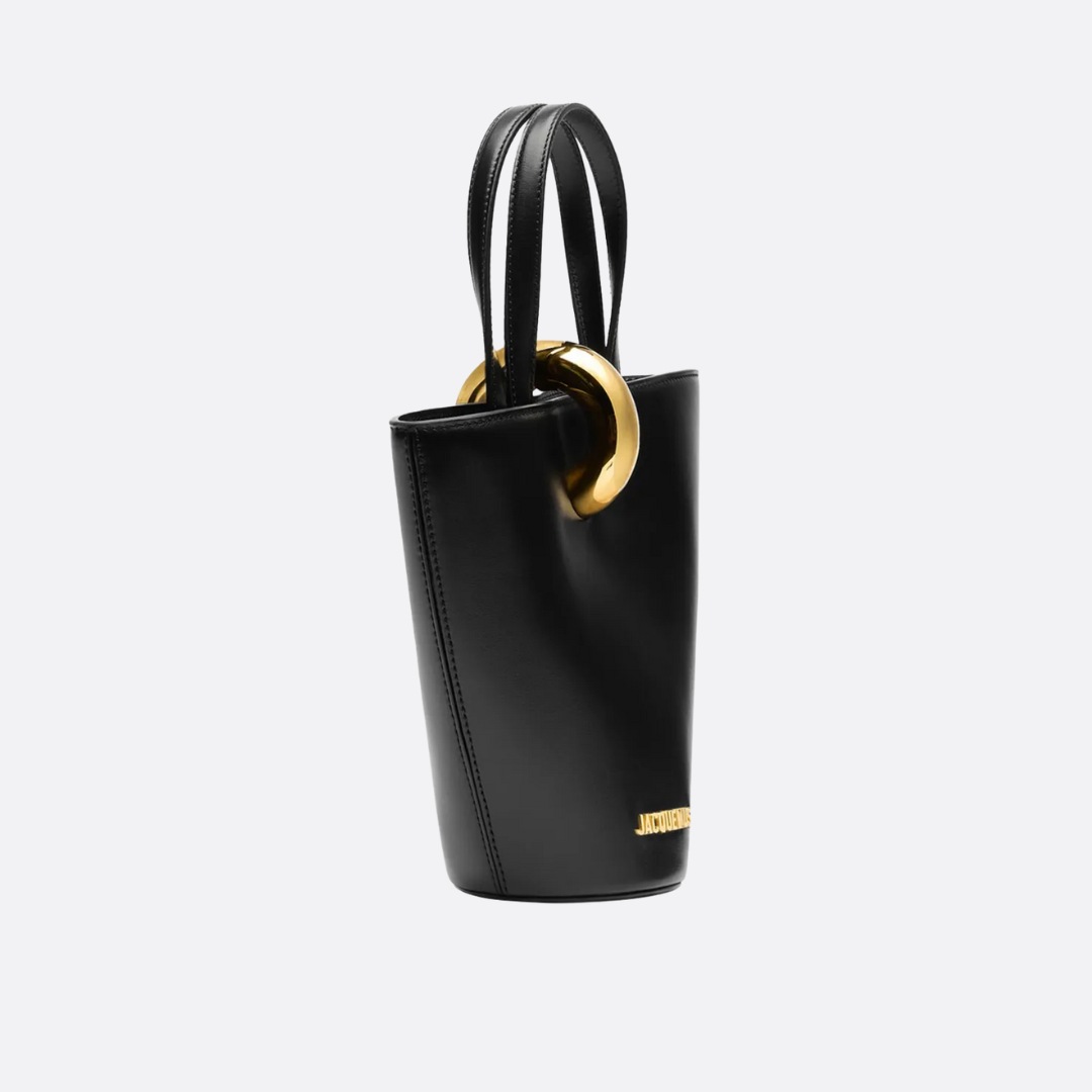 Bucket Tote Bag in Black Smooth Leather with Sculptural Ring, image 8