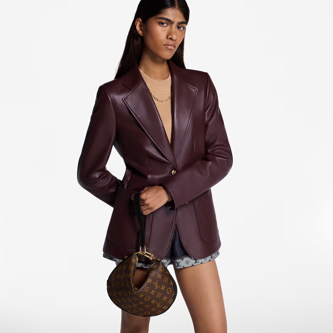 Crescent Shoulder Bag in Brown Printed Canvas with Gold Chain, image 3
