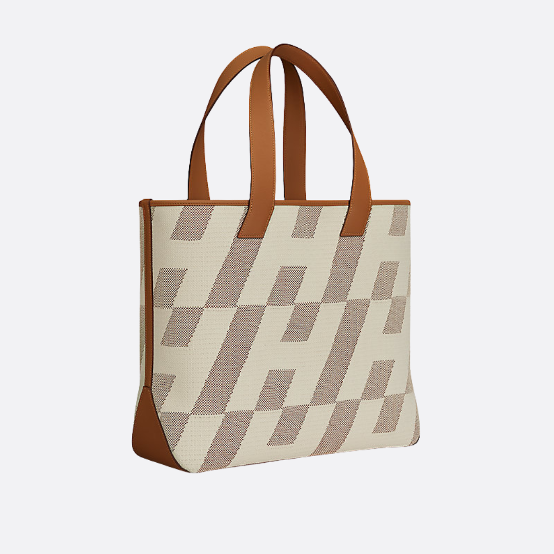 Tote Bag in Beige Geometric Canvas with Tan Leather Handles, image 6