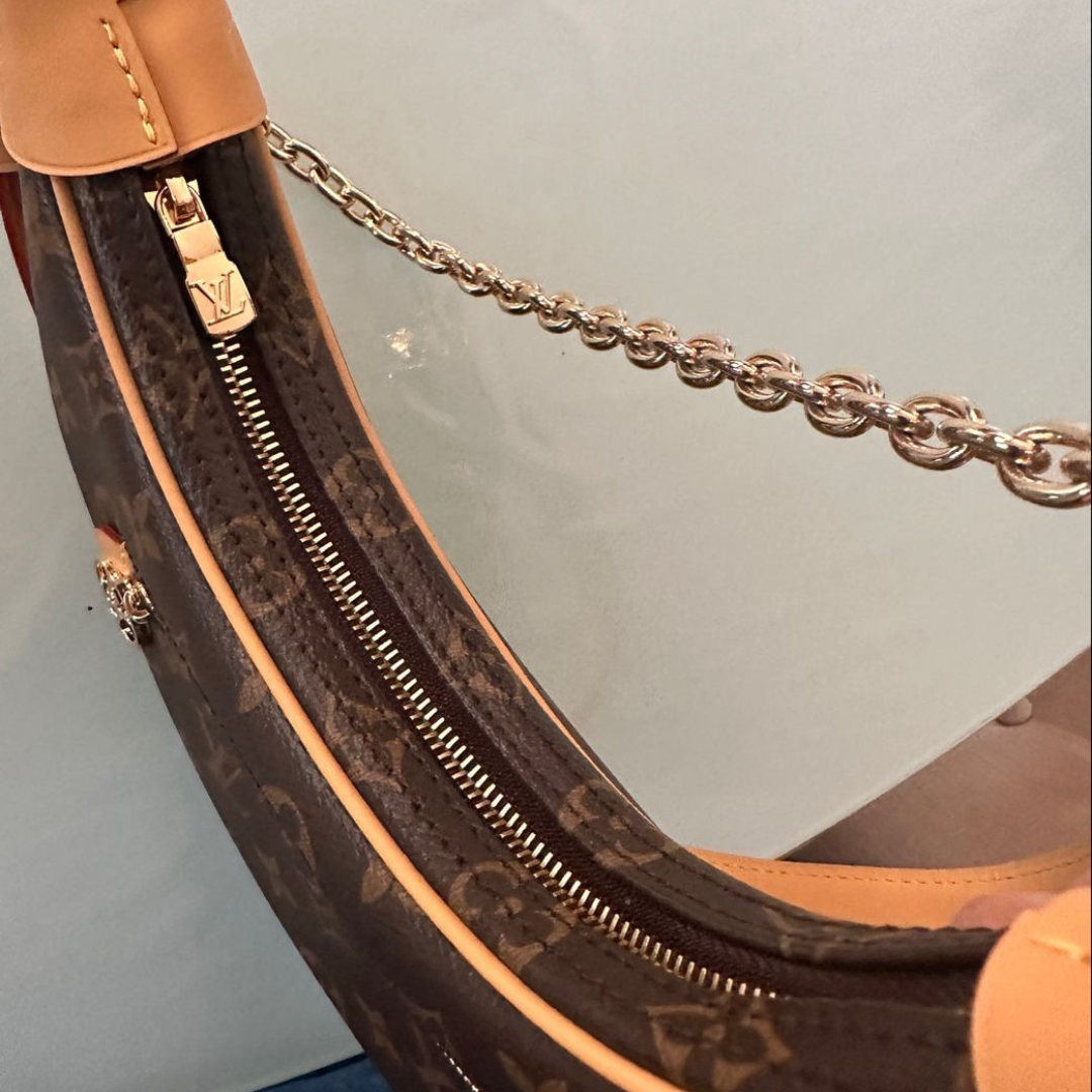 Crescent Shoulder Bag in Brown Printed Canvas with Gold Chain, image 6