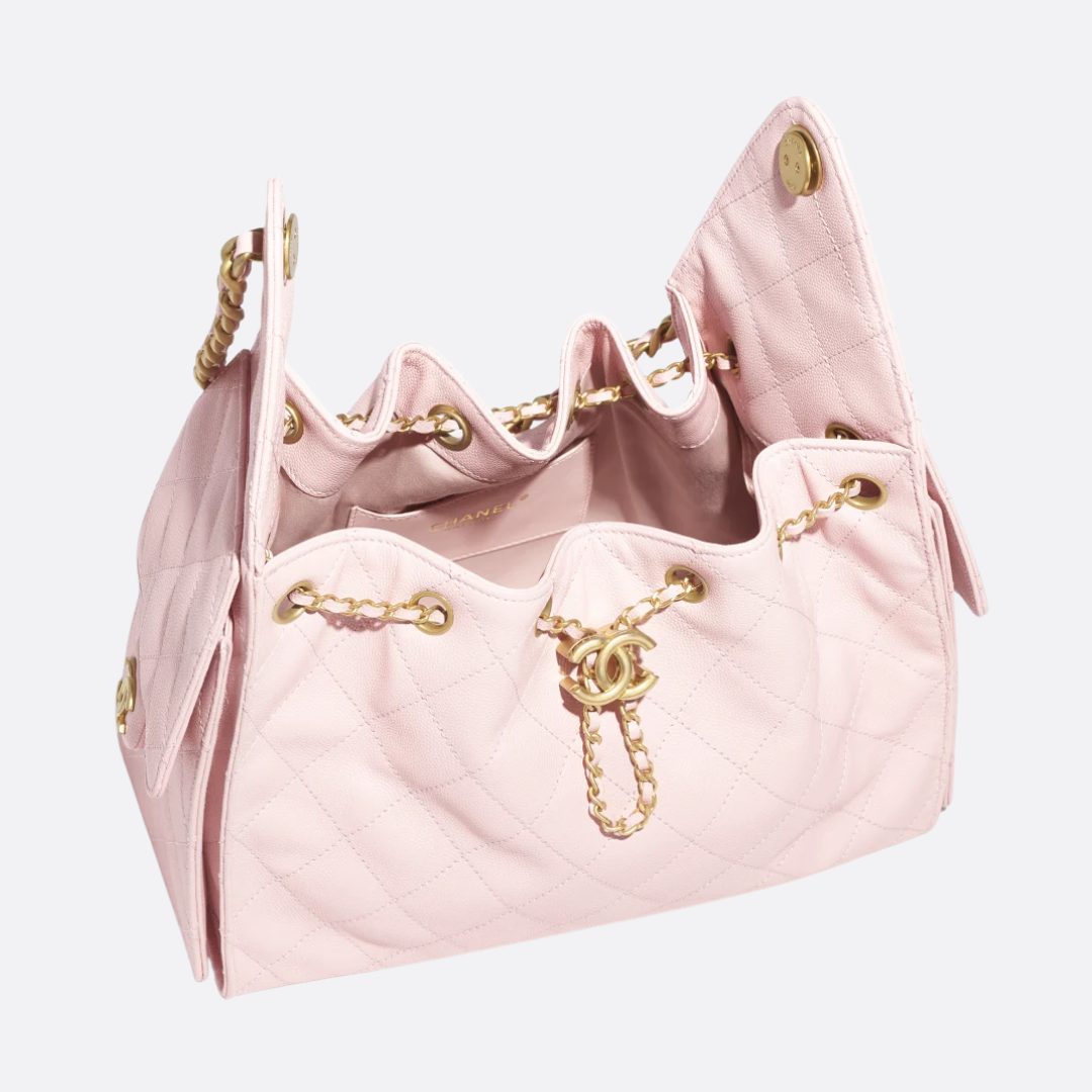 Bucket Bag in Light Pink Quilted Leather with Chain Handles, image 6