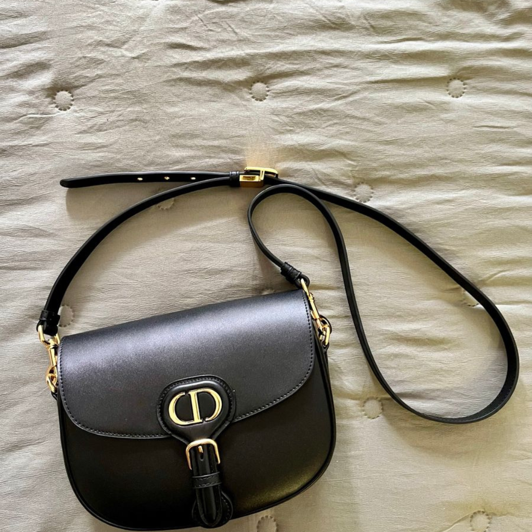 Flap Shoulder Bag in Black Smooth Leather with Purple Strap, image 4