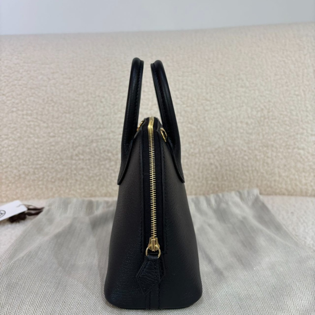 Domed Top Handle Bag in Black Leather with Striped Strap, image 8