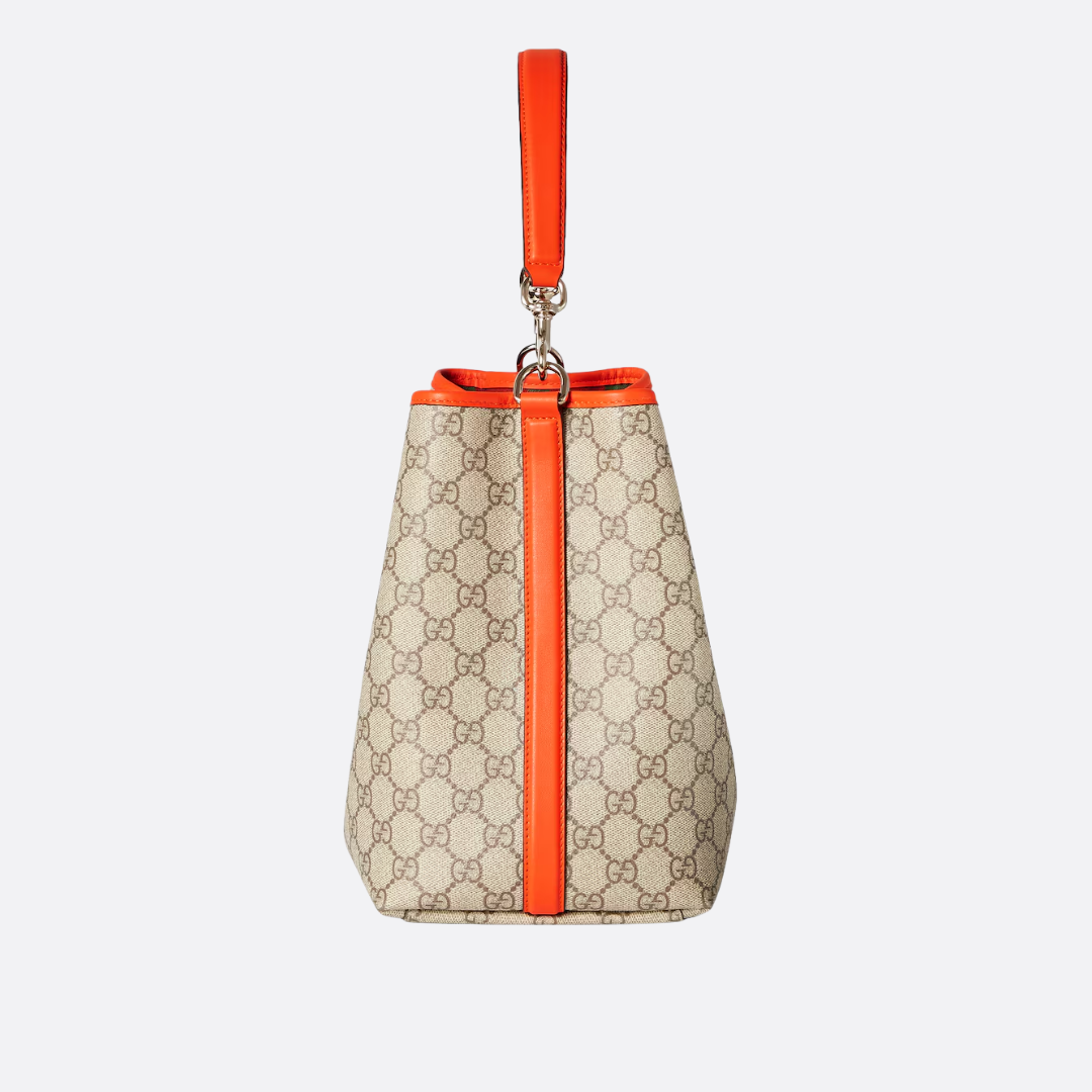 Hobo Bag in Beige Coated Canvas with Orange Trim, image 8