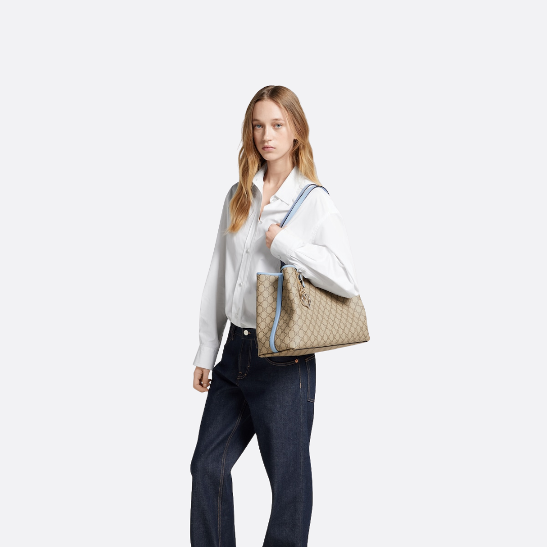 Large Tote Bag in Beige Coated Canvas with Pale Blue Trim, image 4