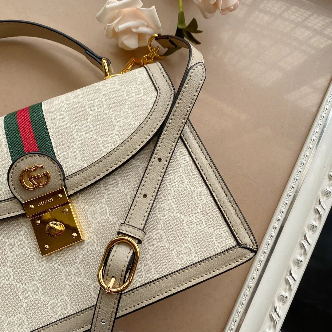 Top Handle Bag in Cream Coated Canvas with Striped Trim, image 3