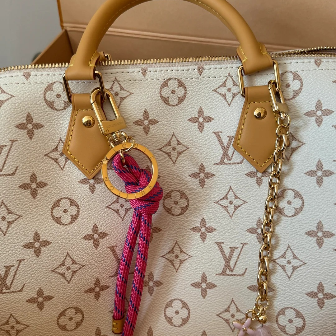 Top Handle Bag in Cream Printed Canvas with Pink Knot Charm, image 5