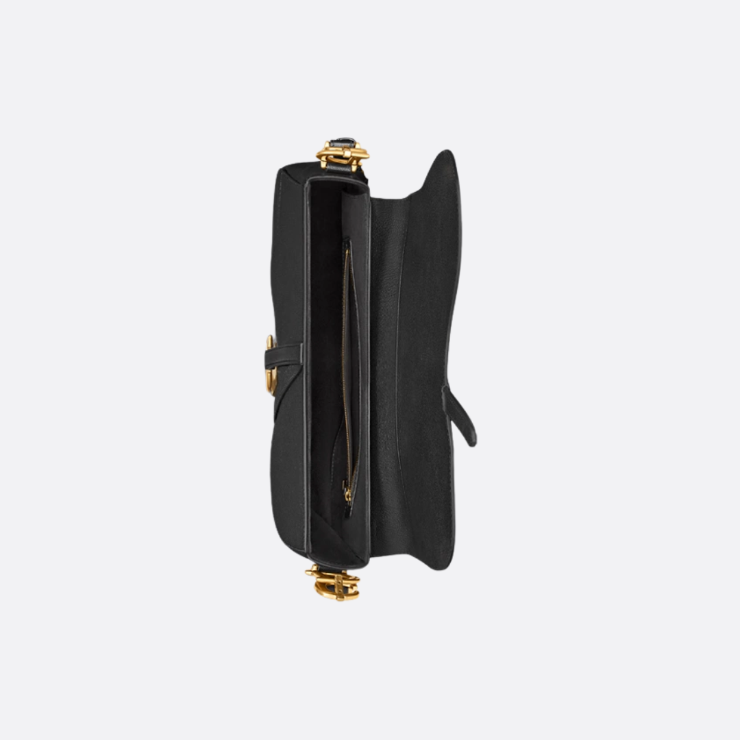 Saddle Shoulder Bag in Black Grained Leather with Flap, image 7