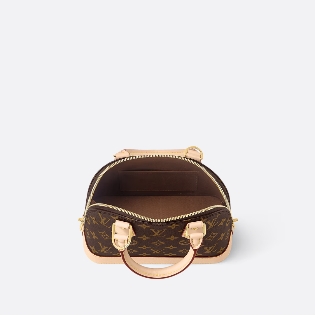 Dome Top Handle Bag in Brown Printed Canvas with Strap, image 11