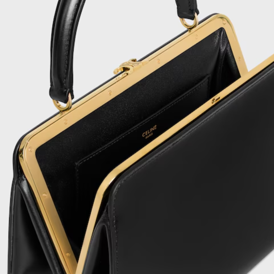 Top Handle Bag in Black Satin Finish with Gold Frame Clasp, image 5
