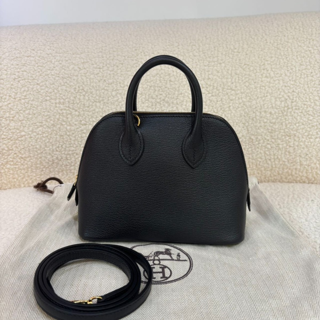 Domed Top Handle Bag in Black Leather with Striped Strap, image 9