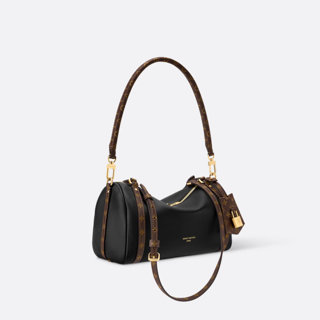 Shoulder Bag in Grained Leather with Printed Canvas Straps, image 6