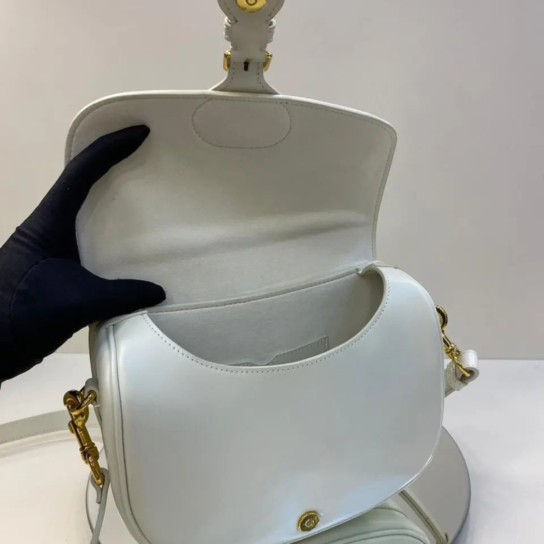 Flap Crossbody Bag in Ivory Smooth Leather with Gold Clasp, image 6