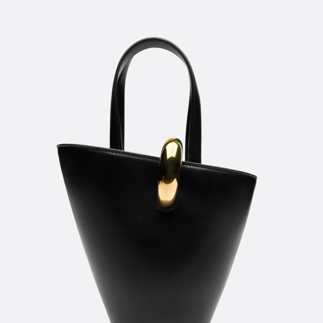 Bucket Tote Bag in Black Smooth Leather with Sculptural Ring, image 2