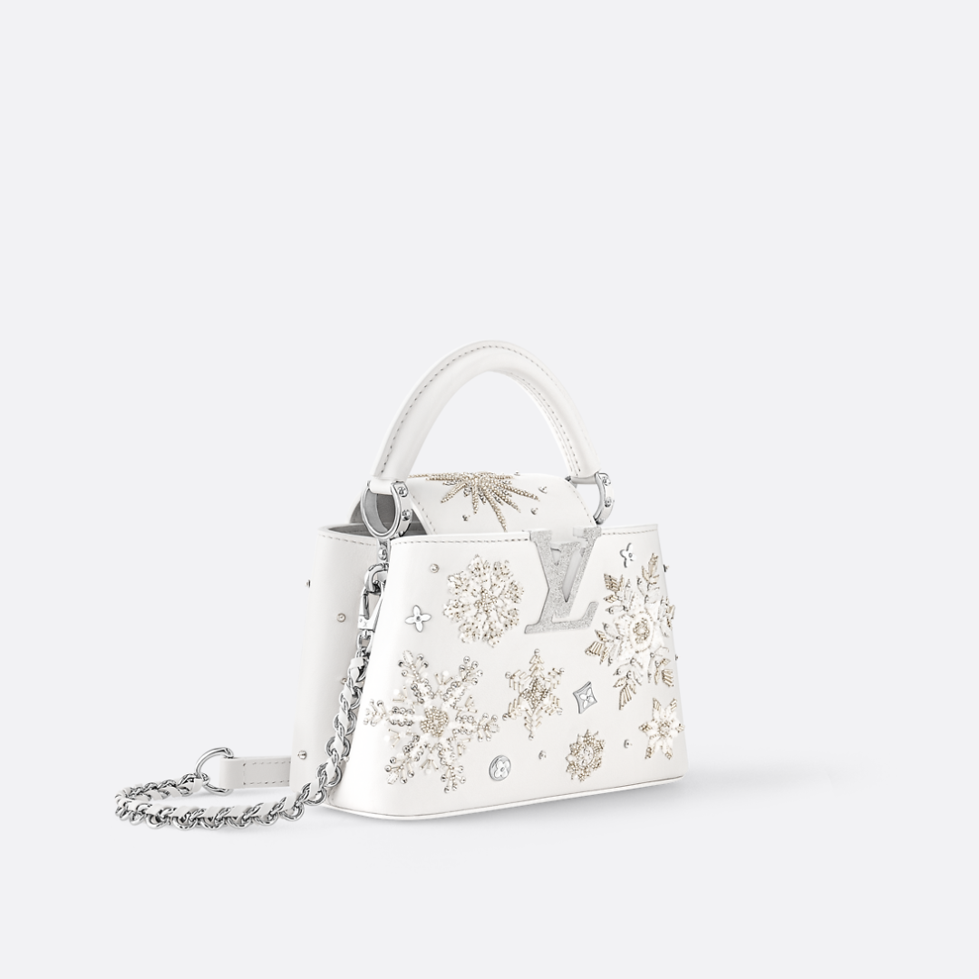Mini Top Handle Bag in White with Crystal Snowflake Details, image 11