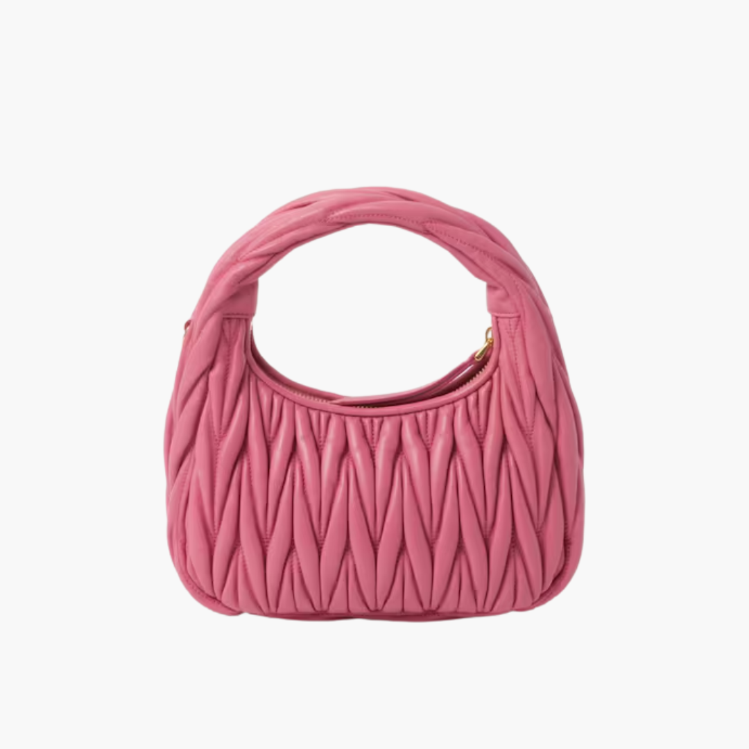 Mini Hobo Bag in Pink Ruched Nappa Leather with Zip Top, image 9