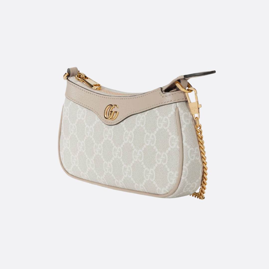 Mini Shoulder Bag in Beige Coated Canvas with Gold Chain, image 4
