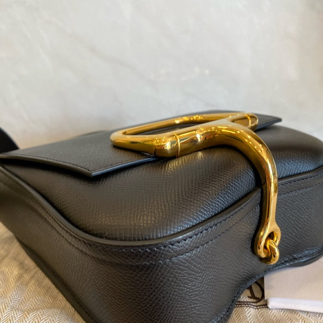Flap Crossbody Bag in Black Grained Leather with Gold Clasp, image 10