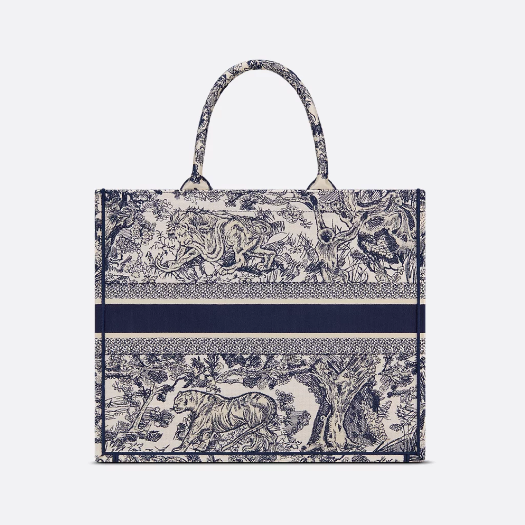 Large Tote Bag in Navy and Cream Embroidered Canvas, image 10