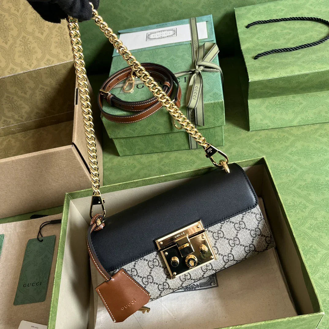Chain Shoulder Bag in Black Leather and Canvas with Padlock, image 2