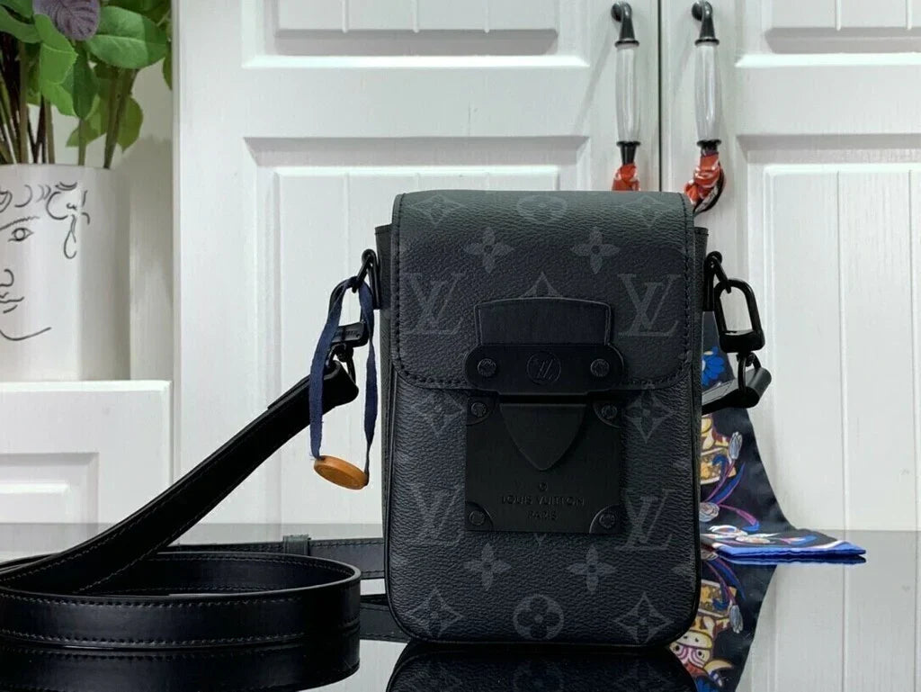 Men's Vertical Phone Crossbody Bag in Black Coated Canvas