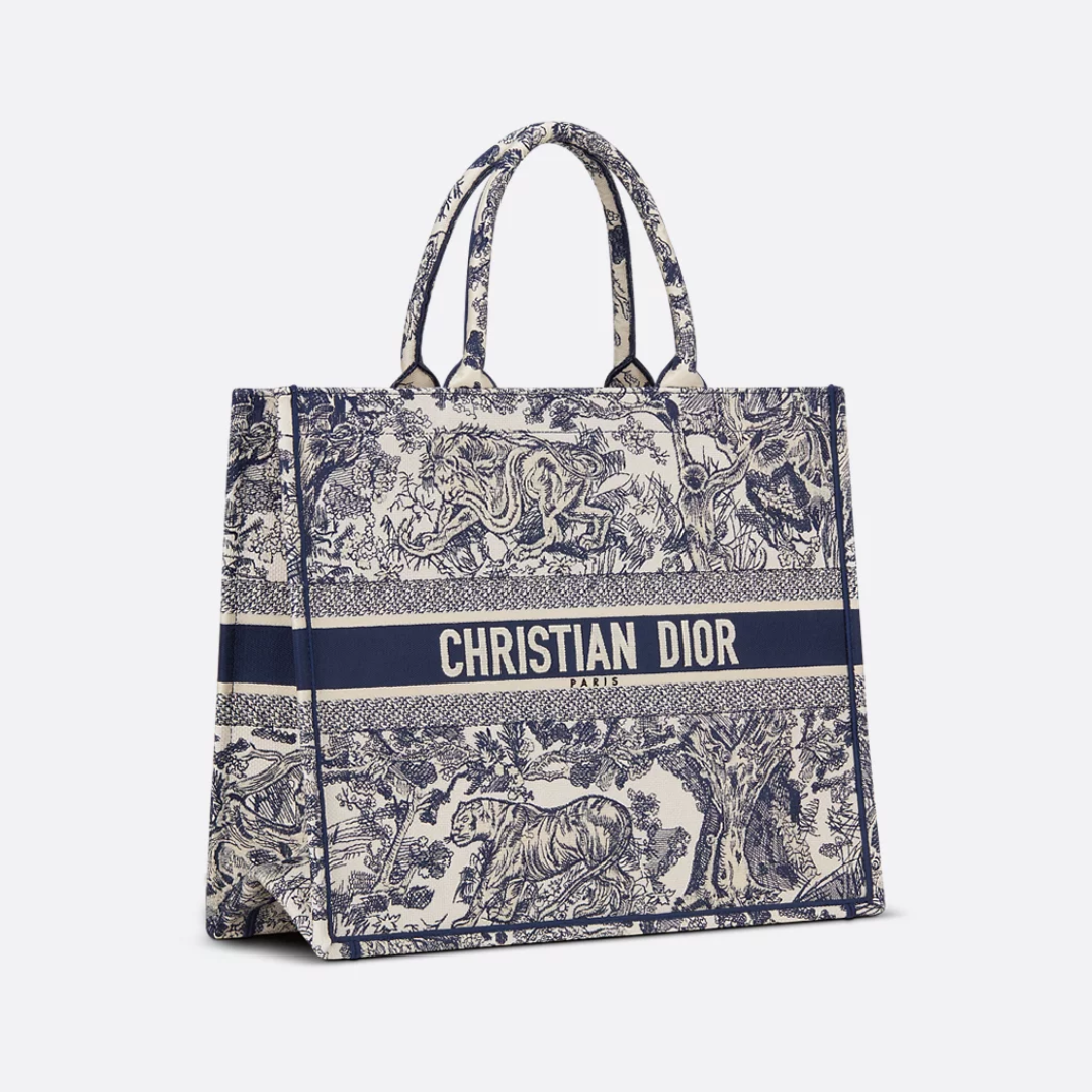 Large Tote Bag in Navy and Cream Embroidered Canvas, image 11