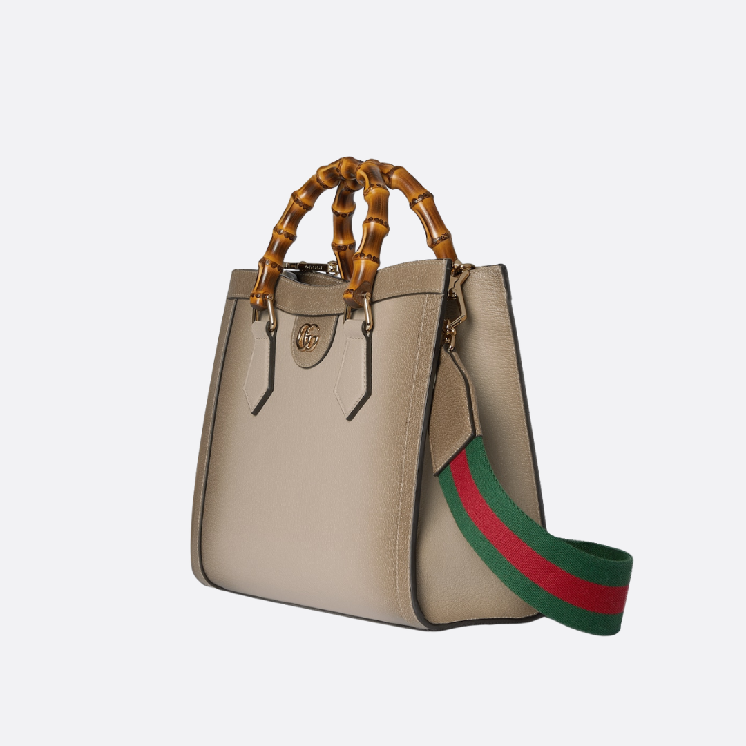 Tote Bag in Taupe Grained Leather with Bamboo Handles, image 12
