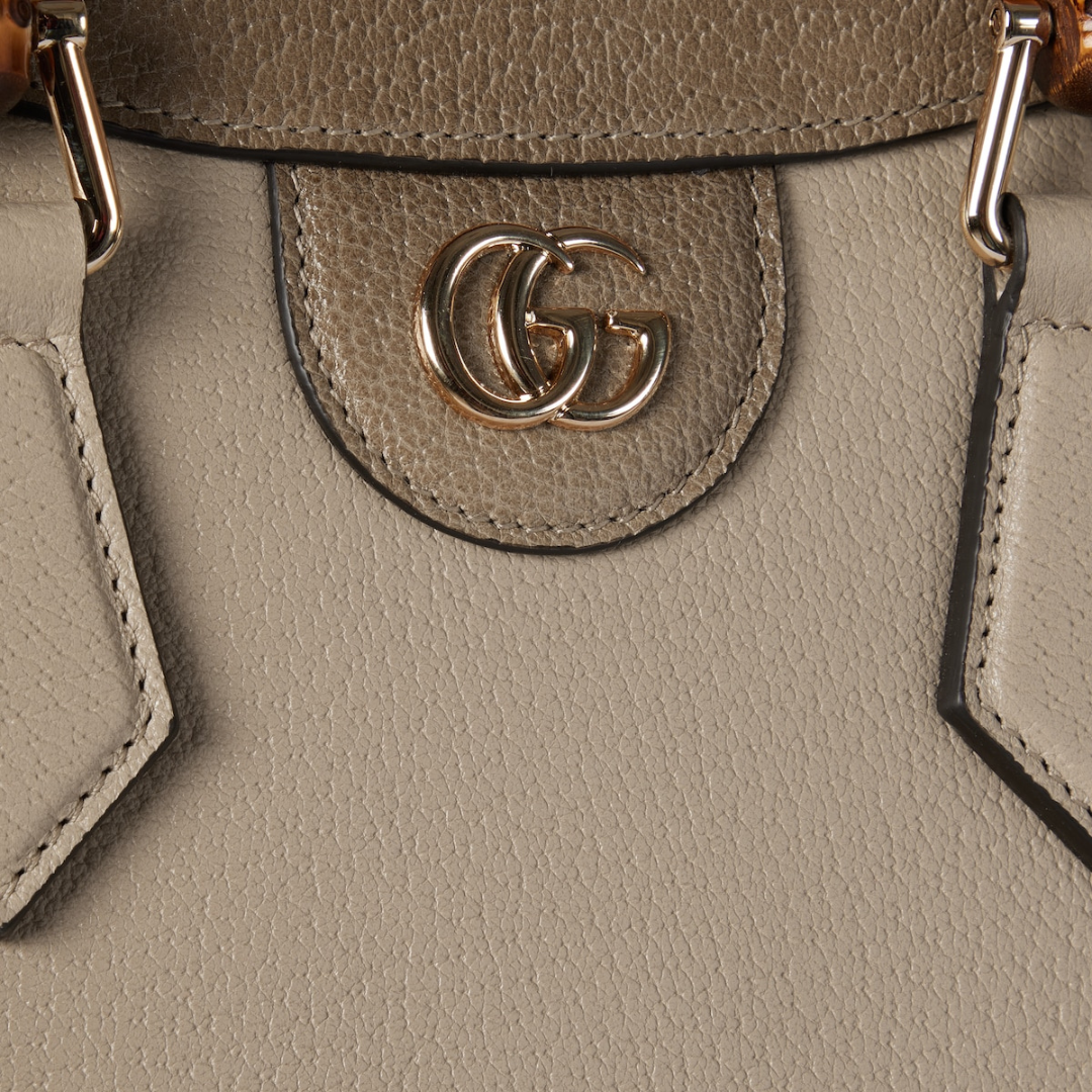 Tote Bag in Taupe Grained Leather with Bamboo Handles, image 13