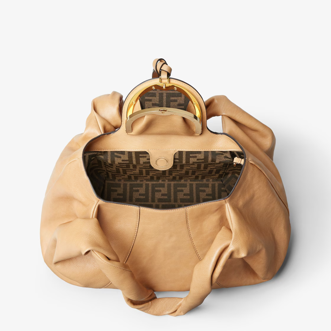Hobo Bag in Tan Smooth Leather with Twisted Handle, image 6