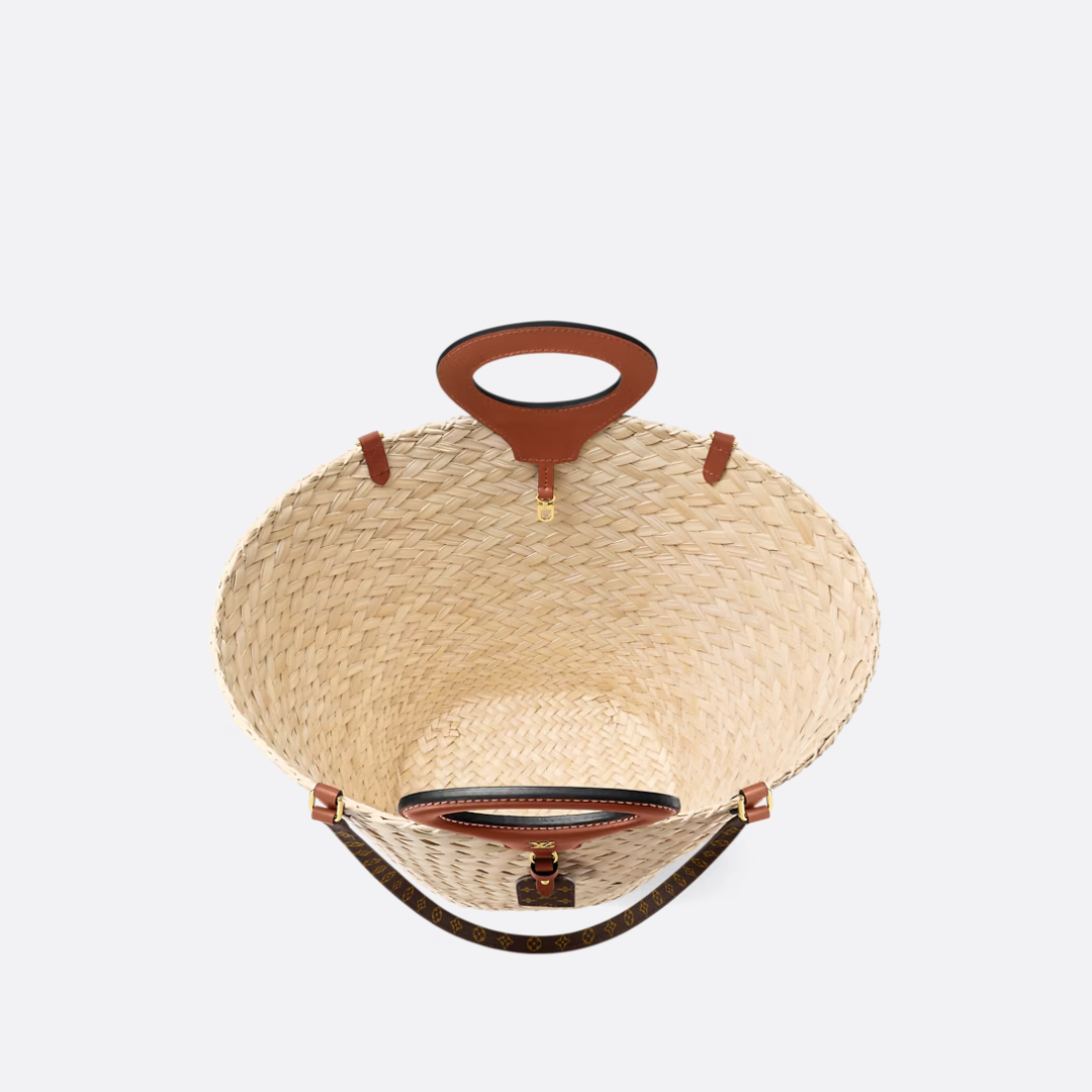 Woven Palm Basket Tote Bag with Tan Leather Handle, image 6