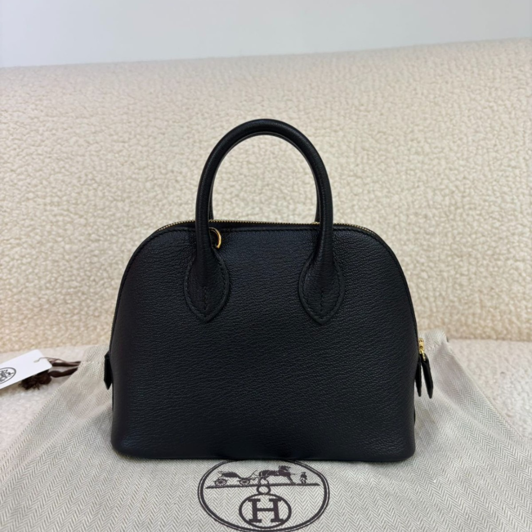 Domed Top Handle Bag in Black Leather with Striped Strap, image 10