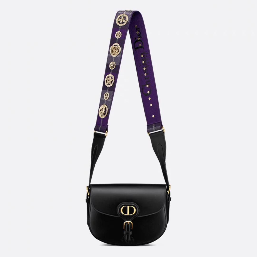 Flap Shoulder Bag in Black Smooth Leather with Purple Strap, image 8