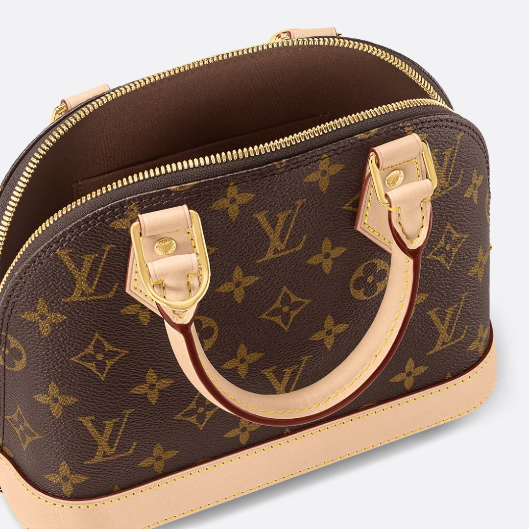 Dome Top Handle Bag in Brown Printed Canvas with Strap, image 12