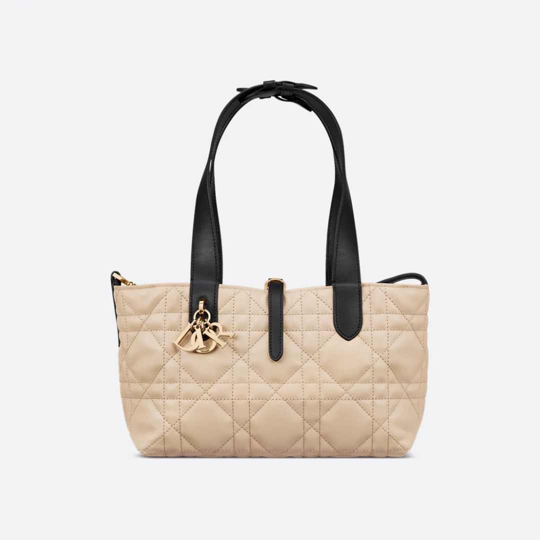 Small Tote Bag in Beige Quilted Leather with Black Handles, image 10