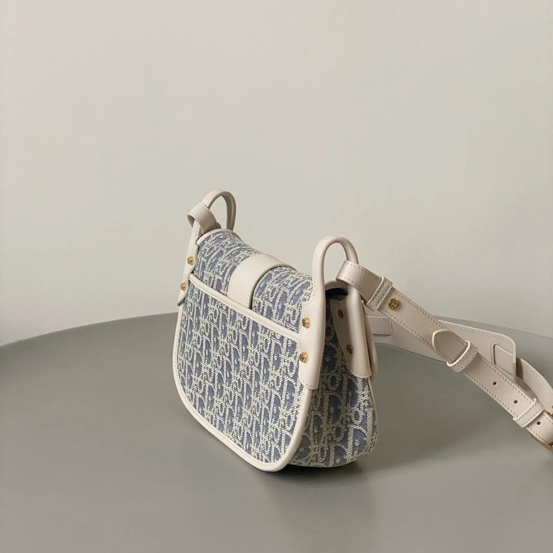 Half-Moon Shoulder Bag in Blue Jacquard with Cream Trim, image 8