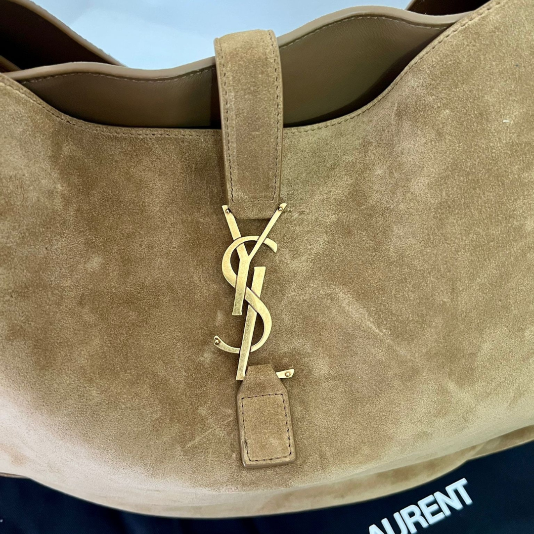 Shoulder Tote Bag in Tan Suede with Gold Closure, image 5