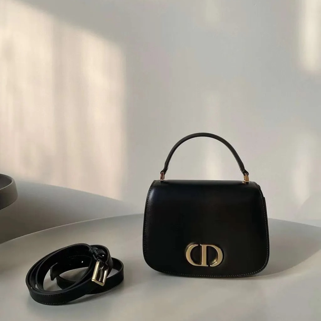 Top Handle Bag in Black Smooth Leather with Buckle Strap, image 7