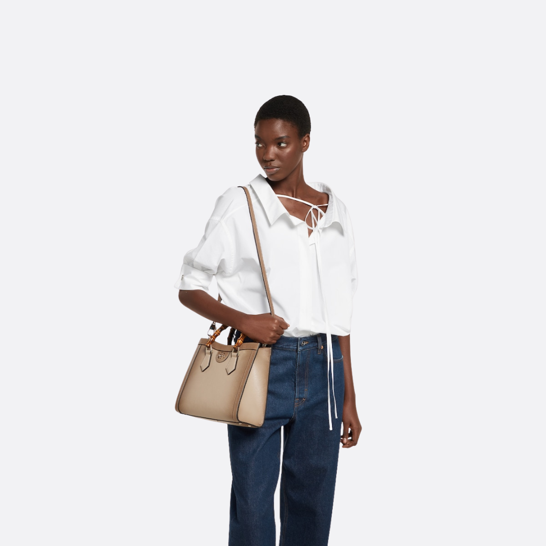 Tote Bag in Taupe Grained Leather with Bamboo Handles, image 3
