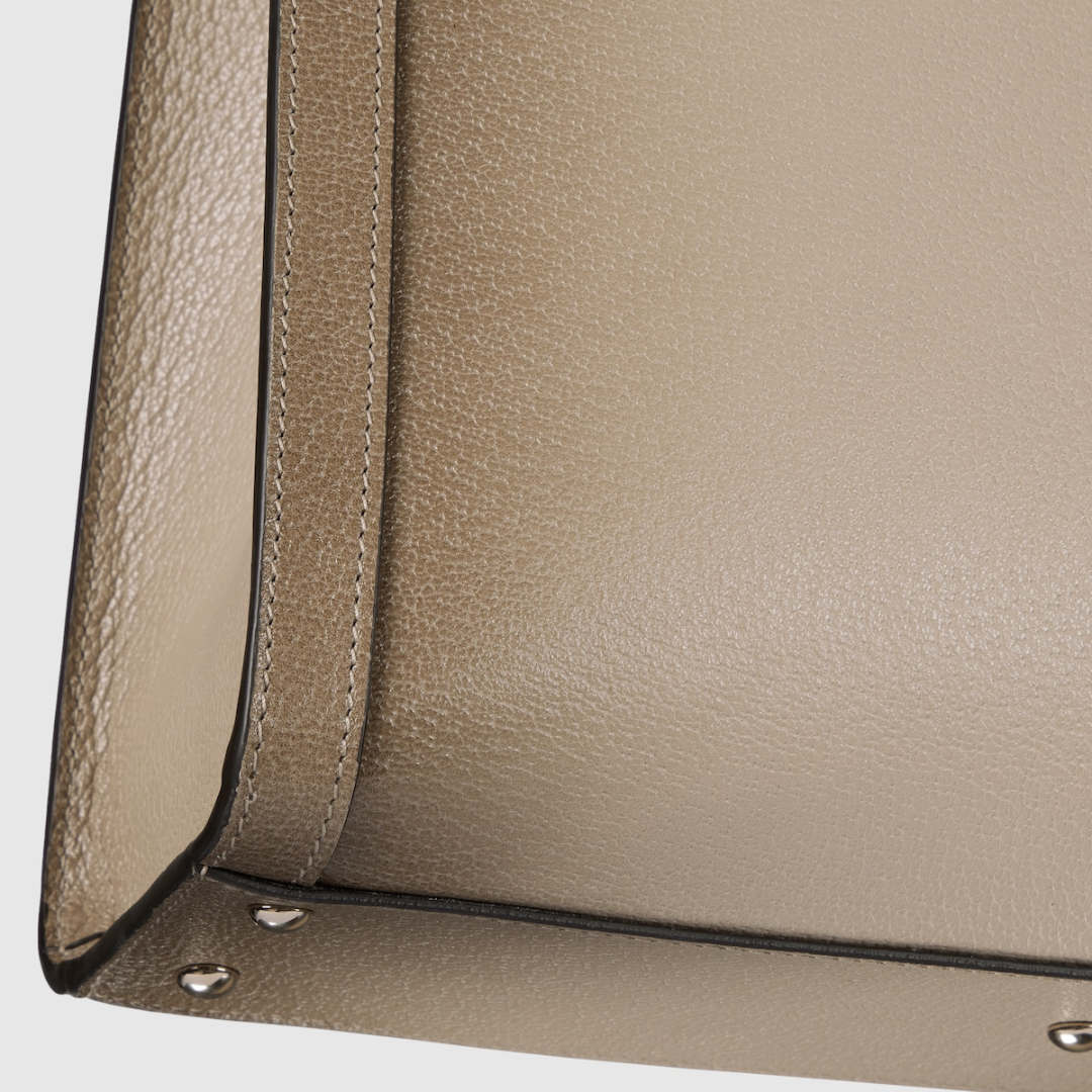 Tote Bag in Taupe Grained Leather with Bamboo Handles, image 5
