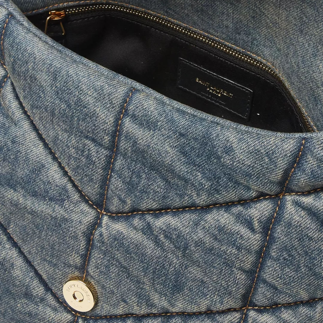 Quilted Shoulder Bag in Blue Washed Denim with Gold Chain, image 9