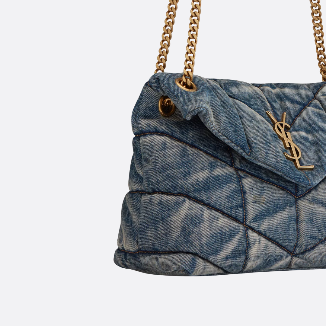 Quilted Shoulder Bag in Blue Washed Denim with Gold Chain, image 3