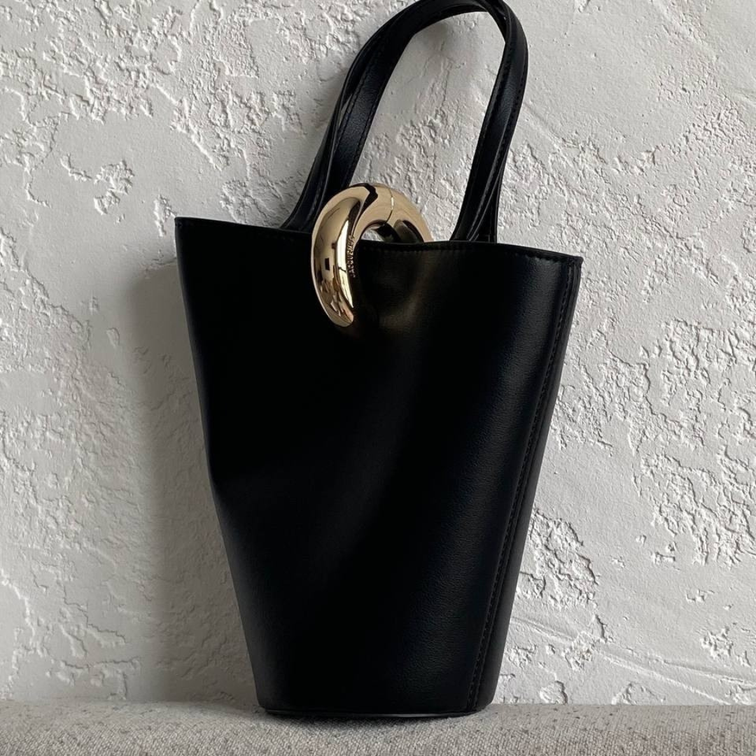 Bucket Tote Bag in Black Smooth Leather with Sculptural Ring, image 6