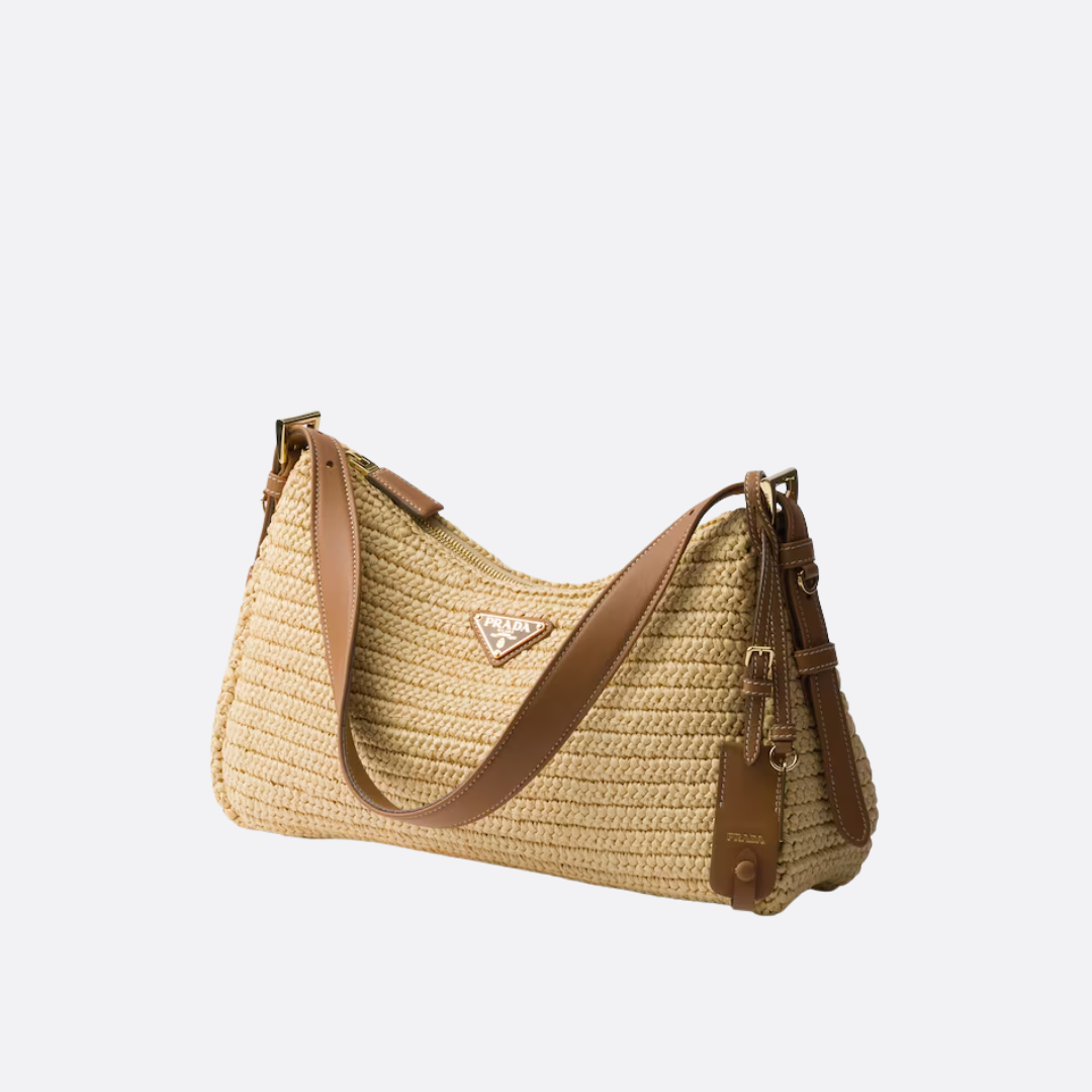 Shoulder Bag in Natural Crocheted Raffia with Tan Leather Trim, image 5
