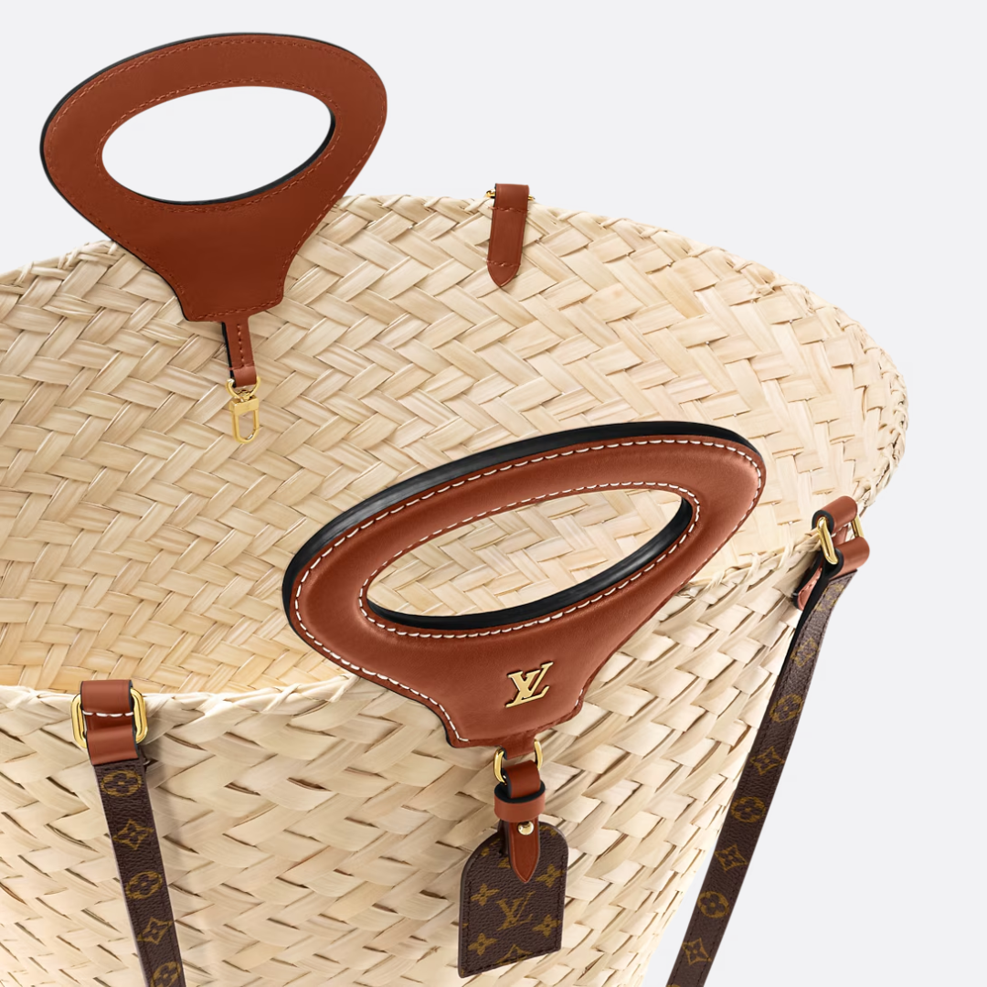 Woven Palm Basket Tote Bag with Tan Leather Handle, image 7