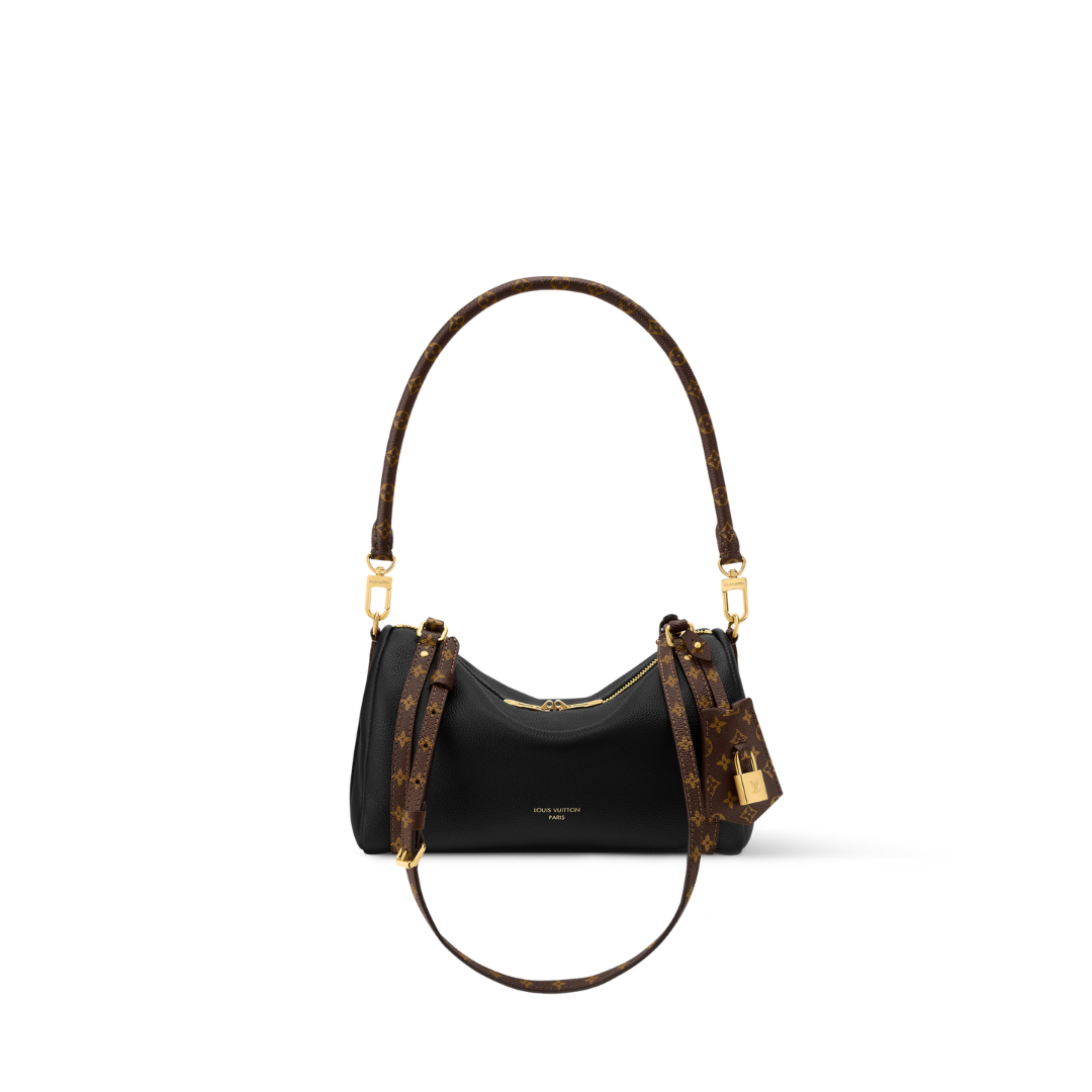 Shoulder Bag in Grained Leather with Printed Canvas Straps