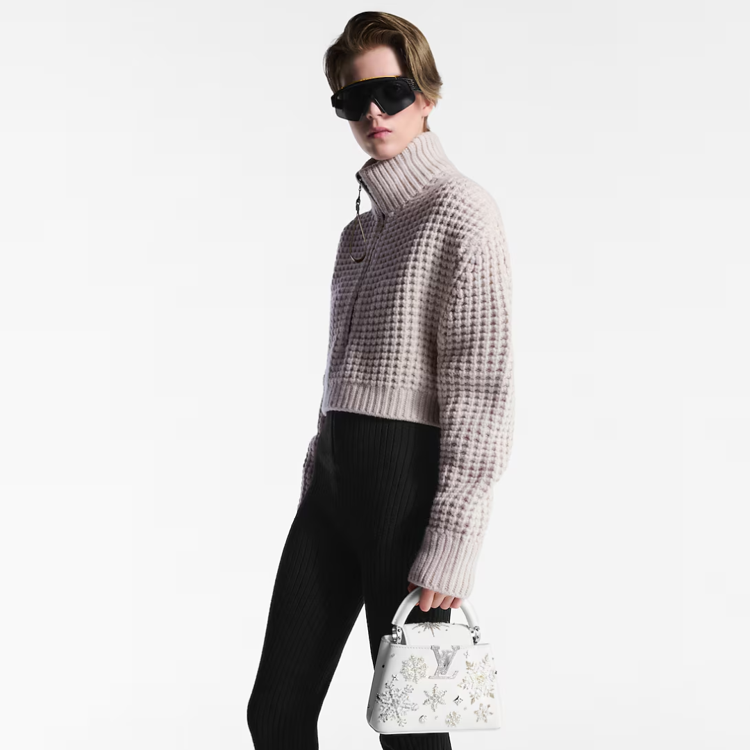 Mini Top Handle Bag in White with Crystal Snowflake Details, image 3