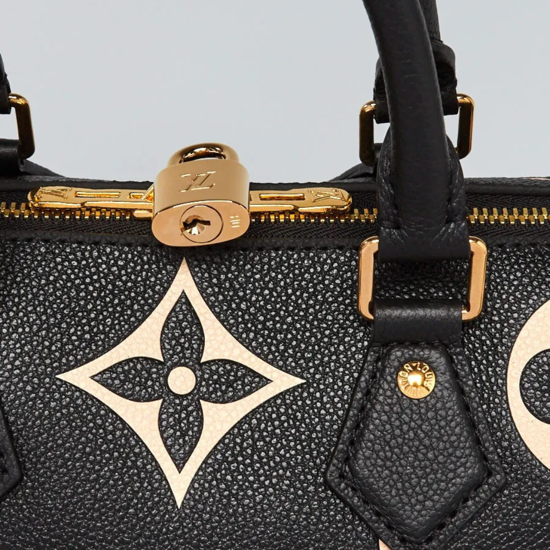 Top Handle Bag in Black Grained Leather with Beige Floral Print, image 9
