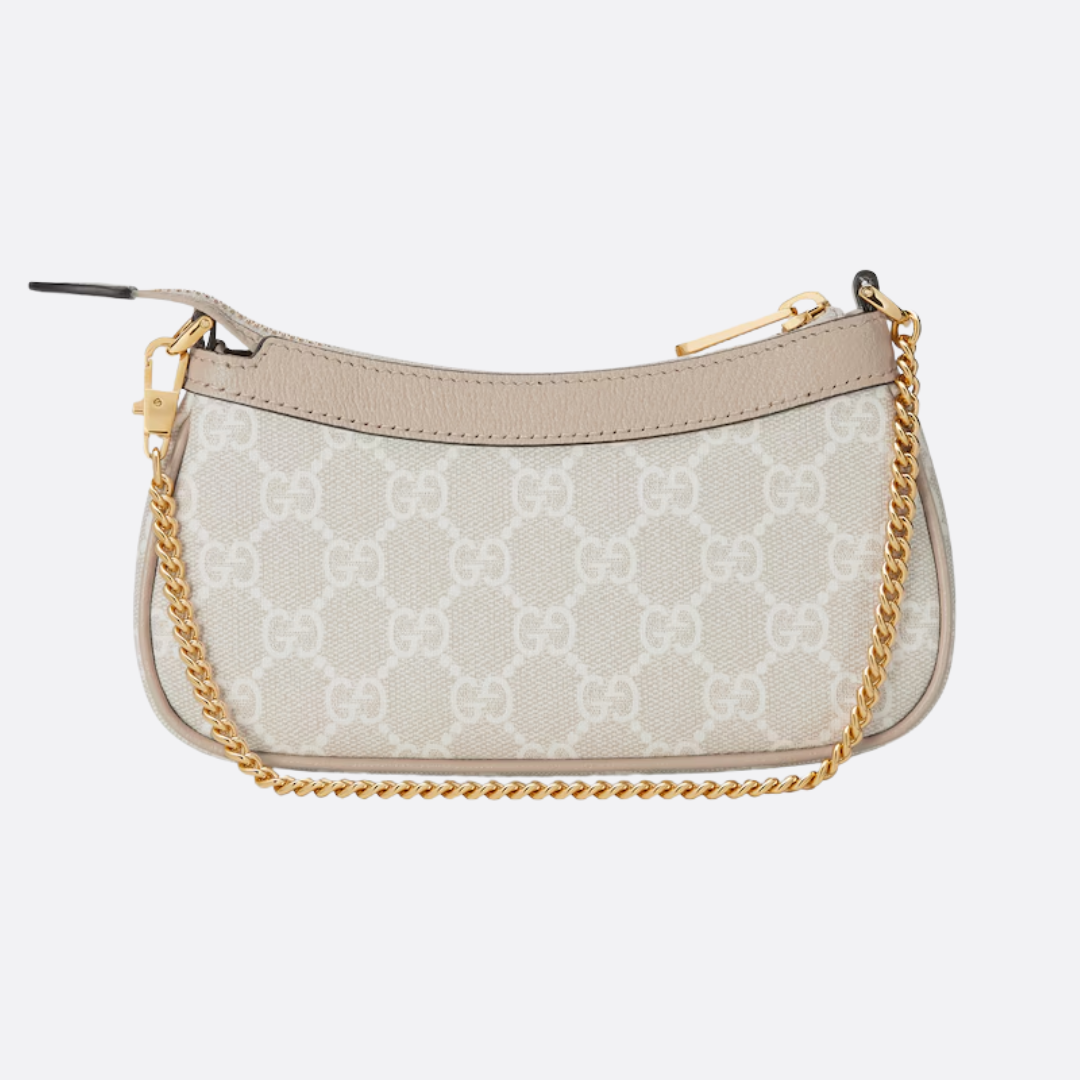Mini Shoulder Bag in Beige Coated Canvas with Gold Chain, image 6